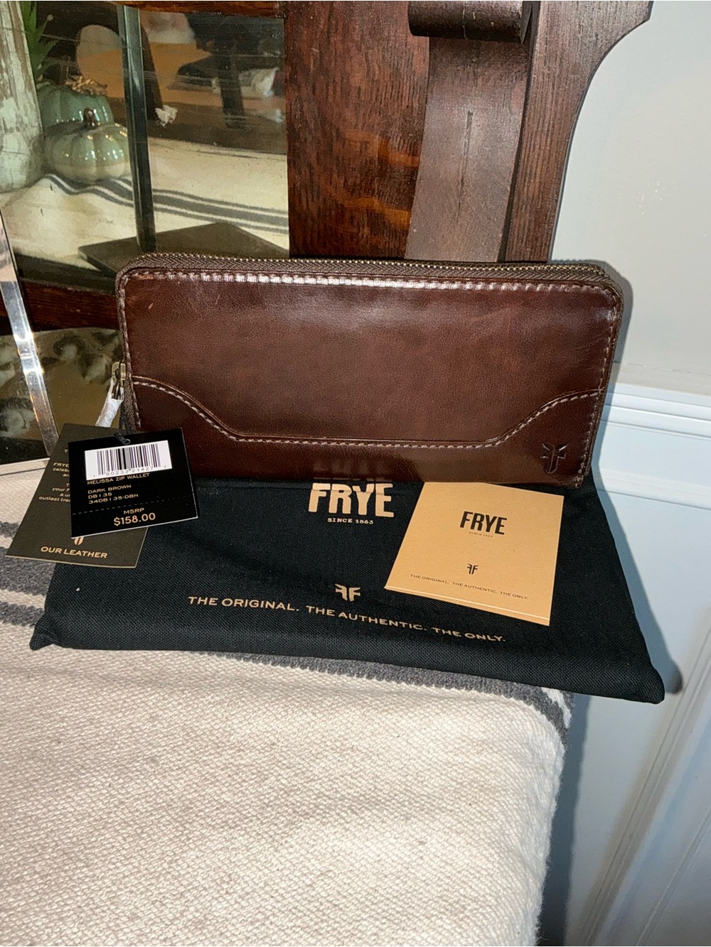 NWT Frye Leather Melissa Zip Around Wallet Dark Brown Retail $158